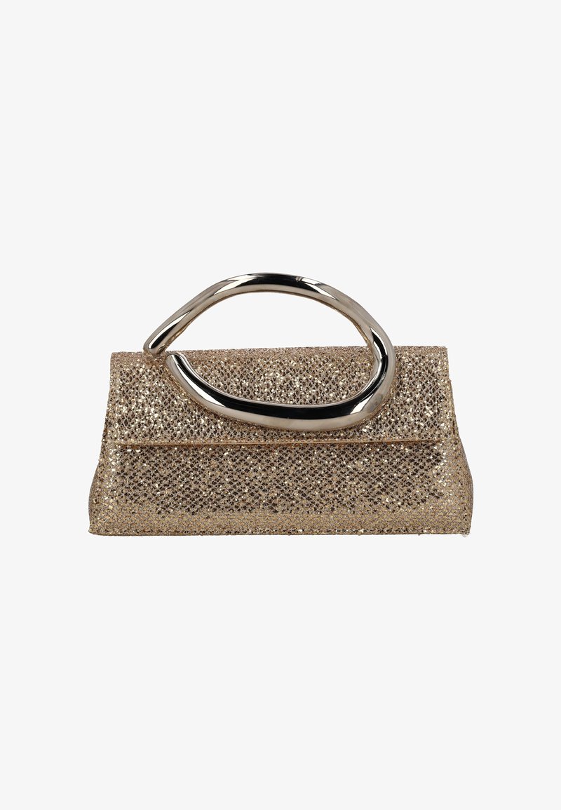 Metallic goldfarbene Clutch-Tasche mit strukturierter Oberfläche, ausgestattet mit einem gebogenen Metallgriff und einer strukturierten Form mit flachem Boden.