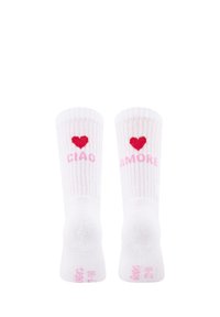 Chaussettes blanches en coton de type crew avec une texture côtelée ; présentent des cœurs roses et le texte "CIAO" et "AMORE" en lettres roses. Taille 35-38 indiquée.