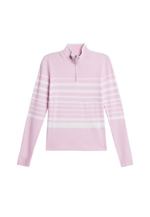 Pink ribbed long-sleeve pullover with a half-zip collar, featuring white horizontal stripes across the chest and sleeves.