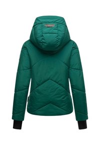 Green puffer jacket with a hood, featuring a geometric quilted pattern, elastic black cuffs, and a branded tag on the back.