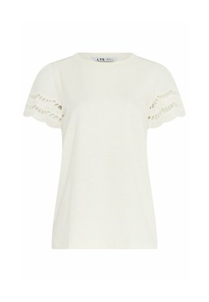 Top bianco a maniche corte con dettagli in pizzo smerlato traforato sulle maniche e scollatura rotonda, etichettato LTS.