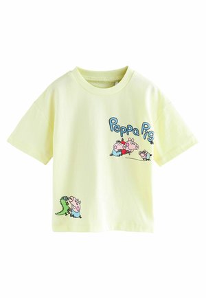 Gelbes Baumwoll-T-Shirt mit "Peppa Pig"-Text und Cartoonfiguren, kurzen Ärmeln und einem lockeren Schnitt. Auffälliges grünes Dinosaurier-Motiv.