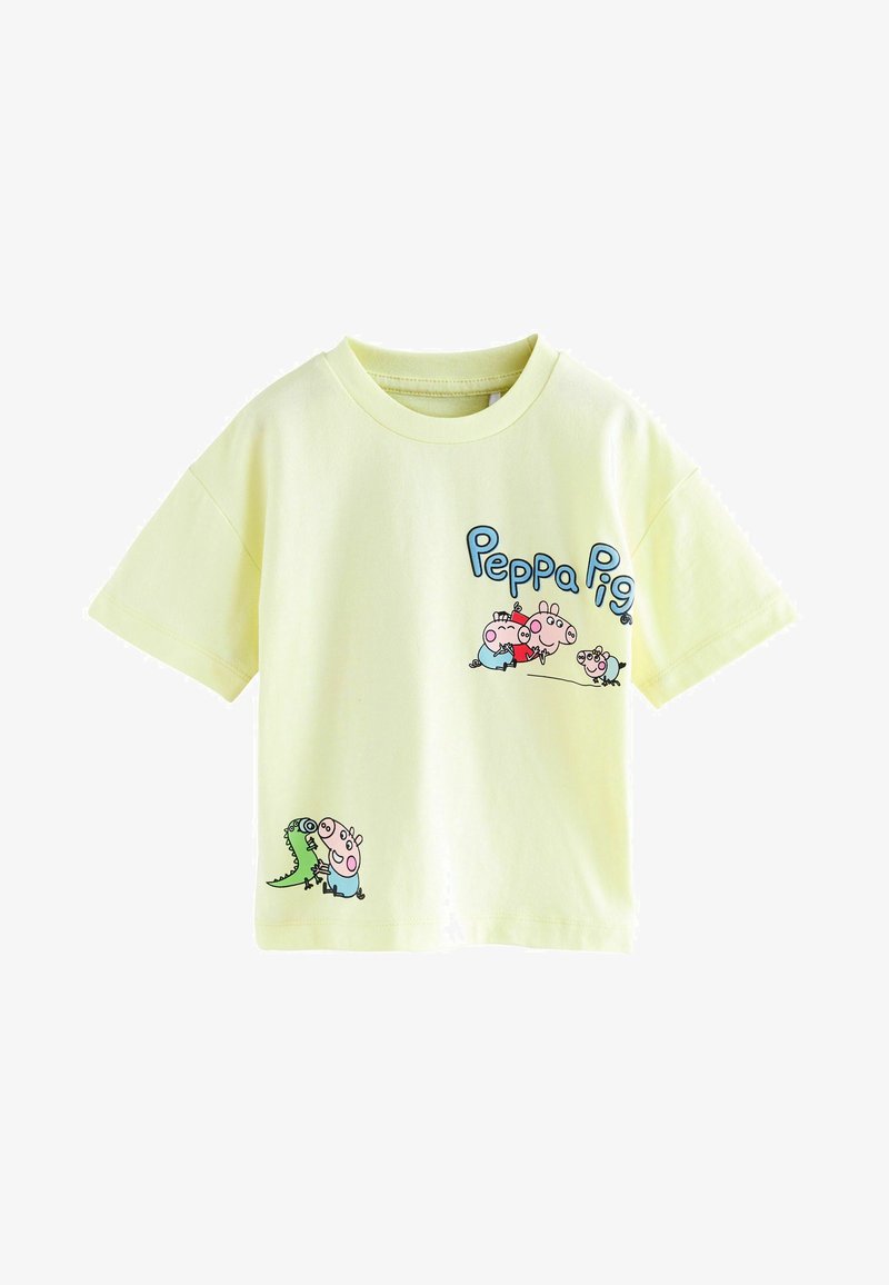 Maglietta per bambini giallo chiaro con personaggi e logo di Peppa Pig stampati sul davanti in blu, rosa, rosso e verde.
