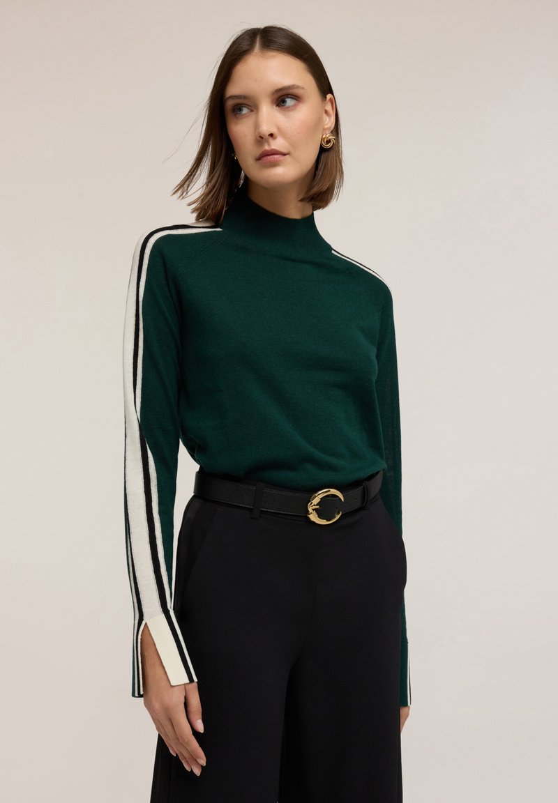 Pulover tricotat de culoare verde închis, cu guler înalt, mâneci lungi ce prezintă dungi albe și negre, purtat împreună cu pantaloni negri cu talie înaltă și o curea aurie.