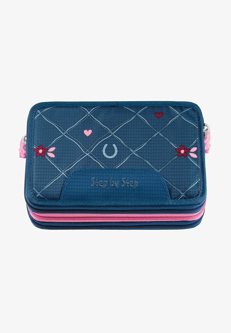 Blue zippered pencil case with embossed diamond pattern. Features pink accents, floral designs, and "Step by Step" logo. Textured surface.