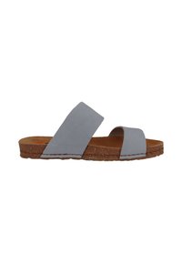 Grå læder slidesandaler med to brede stropper, korkbund og teksturerede såler, med kontraststik.