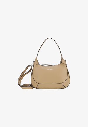 Beige leather handbag with a curved shape, contrasting black edges, shoulder strap, and subtle brand logo on the front.