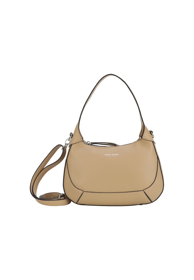Beige Lederhandtasche mit geschwungener Form, kontrastierenden schwarzen Kanten, Schultergurt und subtilen Markenlogo auf der Vorderseite.
