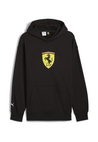 Sort hættetrøje lavet af bomuld, med et fremtrædende gult Ferrari-logo og røde og grønne detaljer, med lommer foran og ribbede ærmer.