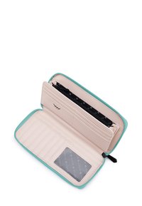 Beige wallet with turquoise zipper, multiple card slots, transparent ID window, and zippered coin compartment inside.
