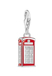 Charm in Form einer roten Emaille-Telefonzelle mit Hardware in Silberoptik. Sie hat eine Tür mit mehreren Fenstern und das Wort "TELEFON" ist oben eingeprägt.