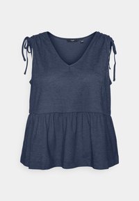 Top sem mangas azul-marinho com decote em V, detalhes de laço franzido nos ombros e uma barra em estilo peplum evasé. Tecido com textura suave.