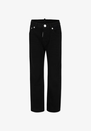 Jeans in denim nero con taglio dritto, design a cinque tasche, chiusura con bottone in metallo e una leggera trama. Presentano un aspetto classico.