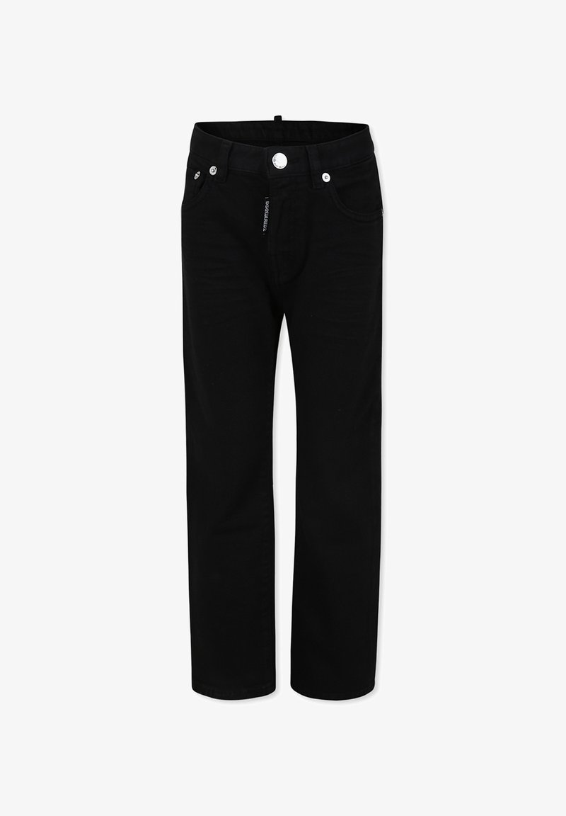 Jeans in denim nero con taglio dritto, design a cinque tasche, chiusura con bottone in metallo e una leggera trama. Presentano un aspetto classico.