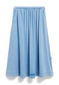Light blue denim skirt with an elastic waistband, pleated design, and a straight silhouette. Features side pockets and a stitched hem.