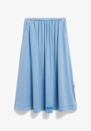 Lichtblauwe denimrok met een elastische tailleband, geplooid ontwerp en een rechte snit. Heeft zijzakken en een gestikte zoom.