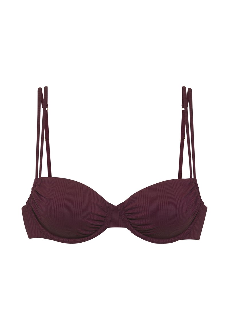 Burgundski push-up bikini top z teksturirano rebrasto tkanino, oblikovanimi skodelicami in dvojskimi spaghetti naramnicami. Ima nagubane detajle na sredini.