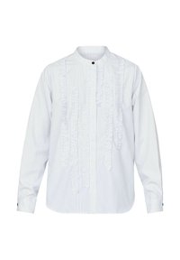 Stribet langærmet skjorte i hvid og lyseblå med mandarinkrave, der har teksturerede lodrette detaljer ned langs forsiden og knapmanchetter.