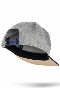 Gray felt cap with a black underside, flat brim, and blue adjustable strap. Interior features a mesh lining. Prominent stitching detail.