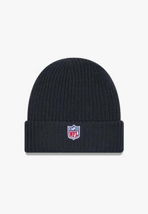 Beanie nera in maglia con risvolto, caratterizzata da una piccola toppa con il logo NFL in rosso, bianco e blu centrata sulla parte anteriore.