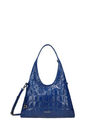 Sac bandoulière hobo en cuir synthétique bleu effet crocodile avec poignées arrondies, bandoulière réglable et logo "Picard" argenté au centre en bas.