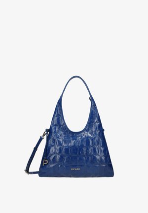 Blaue Hobo-Handtasche aus Kunst-Krokodilleder mit abgerundeten Griffen, verstellbarem Schulterriemen und silbernem "Picard"-Logo in der unteren Mitte.