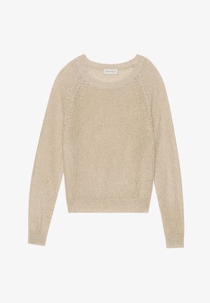 Beige kötött pulóver, kerek nyakkivágás, hosszú ujjak, texturált anyag enyhe fényességgel. Raglán ujjak és bordázott szegély jellemzi.