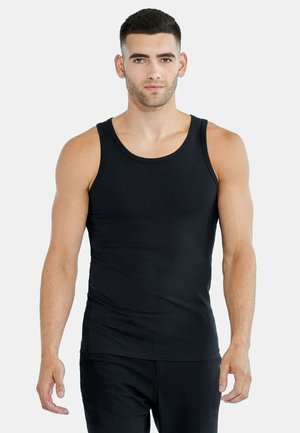 Black cotton tank top with a round neckline and no sleeves, featuring a fitted design and smooth texture. Minimalist style, suitable for layering.