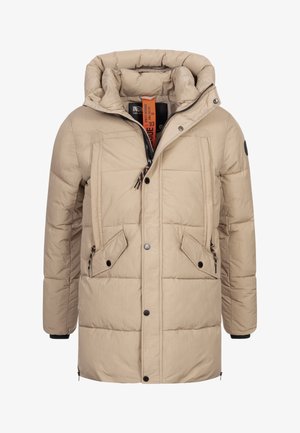 Beżowa kurtka puchowa z kapturem, poziomym przeszyciem, zamkiem błyskawicznym i zatrzaskami. Posiada dwie przednie kieszenie i wzorzyste sznurki.