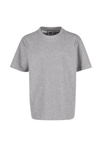 Helles graues, kurzärmliges T-Shirt mit Rundhalsausschnitt, frontal ohne Grafiken oder Text präsentiert.