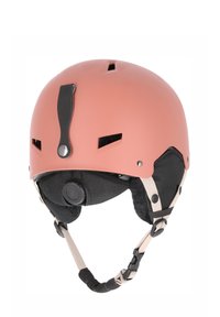 Rosa matt skidhuvud med justerbart hakband, intern vaddering, ventilationsöppningar och en svart justerbar ratt för storleksanpassning.