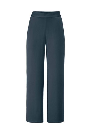 Wijde broekspijpen in een donkerblauwe stof, met een gladde textuur en een elastische tailleband voor comfort en gemakkelijk dragen.