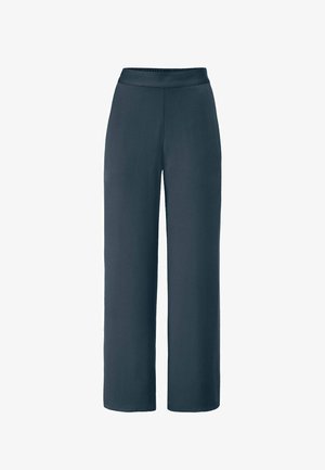 Weite Hosen aus einem dunklen Marineblau mit glatter Textur und einem elastischen Bund für Komfort und Bequemlichkeit beim Tragen.