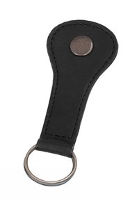 Black leather keychain with a round metal snap button and a metal keyring attached at the bottom.