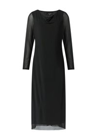 Robe noire avec un corsage lisse, un décolleté drapé et des manches longues transparentes. Silhouette droite et ourlet au niveau des genoux avec une texture légère.