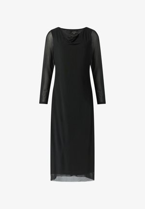 Czarna sukienka z gładką górą, dekoltem w kształcie beczki i przejrzystymi długimi rękawami. Prosta sylwetka i długość do kolan z lekką teksturą.