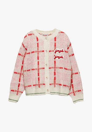 Kötött kardigán fehér és pink színkombinációval, piros kockás mintával. A bal mellrészen piros hímzéssel "Jingle" felirat található.