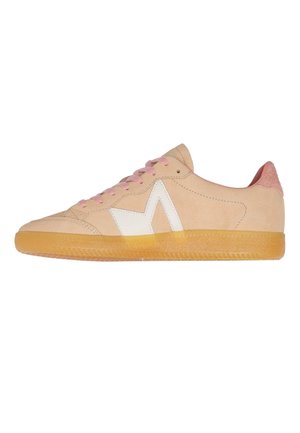 Sneaker beige in pelle scamosciata bassa con lacci rosa, dettaglio di stella bianca sul lato e suola in gomma traslucida, vista dal lato esterno.