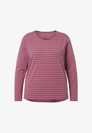 Dlouhý rukáv tričko s horizontálními pruhy v růžové a šedé barvě. Měkká tkanina, kulatý výstřih a zakřivený lem na spodní části.