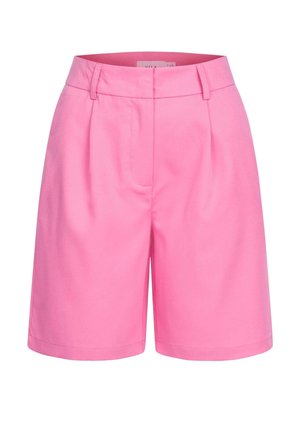 Rosa skreddersydde shorts med høy midje, plisserte detaljer foran og en jevn stofftekstur. Har en ren kant og ingen synlige lukkinger.