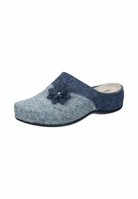 Gray and navy felt clog with a flower accent, rounded shape, soft texture, and a sturdy black sole. Features decorative stitching.
