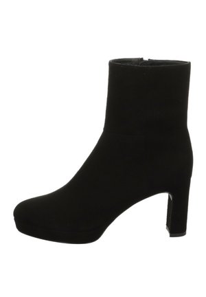 Black suede ankle boot with a rounded toe, high block heel, and a smooth finish. Features a side zipper for easy wear.