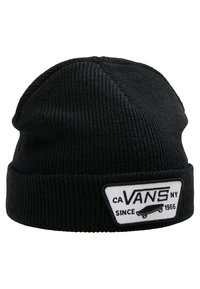 Gorro de lana negra con textura acanalada. Presenta una etiqueta rectangular blanca con el logo de "VANS", un gráfico de patineta y el texto "DESDE 1966".