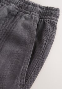 Gray athletic shorts featuring a textured fabric, elastic waistband, side pockets, and smooth knit pattern for comfort and flexibility.