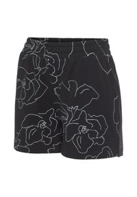 Zwarte shorts met een ontwerp van witte bloemtekeningen, elastische tailleband en zijslit. Gemaakt van zachte, lichte stof.