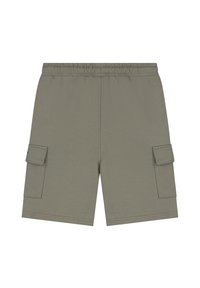 Khaki cargoshorts van zachte stof. Voorzien van een elastische tailleband en twee zijflapzakken. Rechte snit met gestikte zoom.