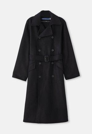 Schwarzer, doppelt gefütterter Trenchcoat aus einer Wollmischung. Verfügt über einen Gürtel, großen Kragen und seitliche Taschen. Glatte Textur, knielanges Design.