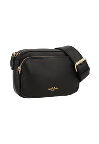 Must musträkkidega must nahk ristkehakael kott, millel on kaks tõmblukuga sektsiooni, kuldne riistvara ning reguleeritav rihm. Omab tekstuurset pinda.