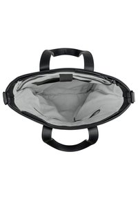 Černá kožená kabelka se zipovým uzávěrem, šedým textilním interiérem, dvojitými uchy a jednou vnitřní zipovou kapsou pro organizaci.