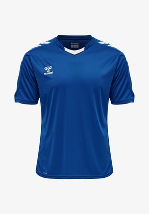 Königsblaues kurzärmeliges Sporttrikot mit einem weißen V-Ausschnitt und Schulterakzenten. Hergestellt aus glattem, leichtem Stoff mit einem Logo auf der Brust.